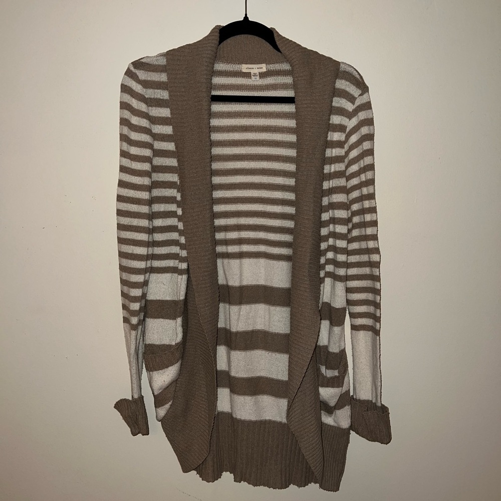 Brown and White Striped Cardigan Sweater